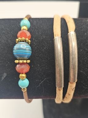 Multicolor Beaded Leather Bracelet - Turquoise & Coral Accents. 2 Braclets.